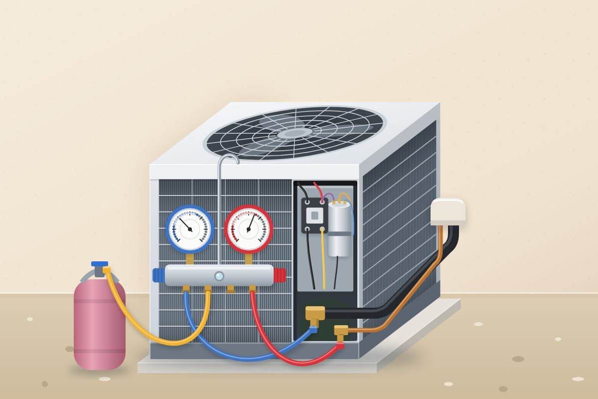 AC condenser with the service panel open and refrigerant gauges connected during an AC repair by HVAC Repair San Diego, CA