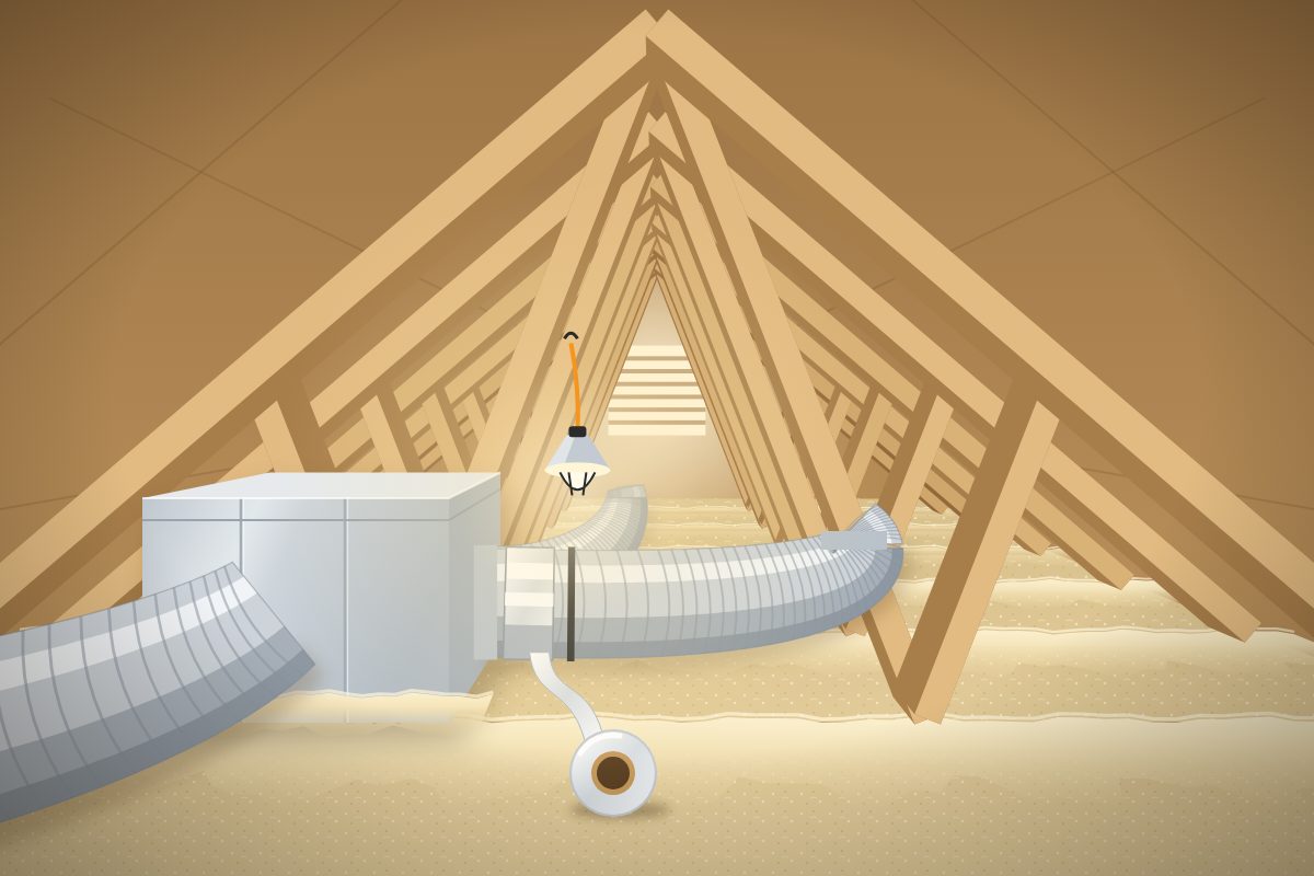 Attic flex ducts and supply plenum being sealed during an air duct repair by HVAC Repair San Diego, CA