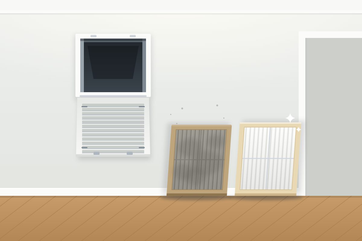 Dirty and clean HVAC air filters at an open return grille, replaced by HVAC Repair San Diego, CA