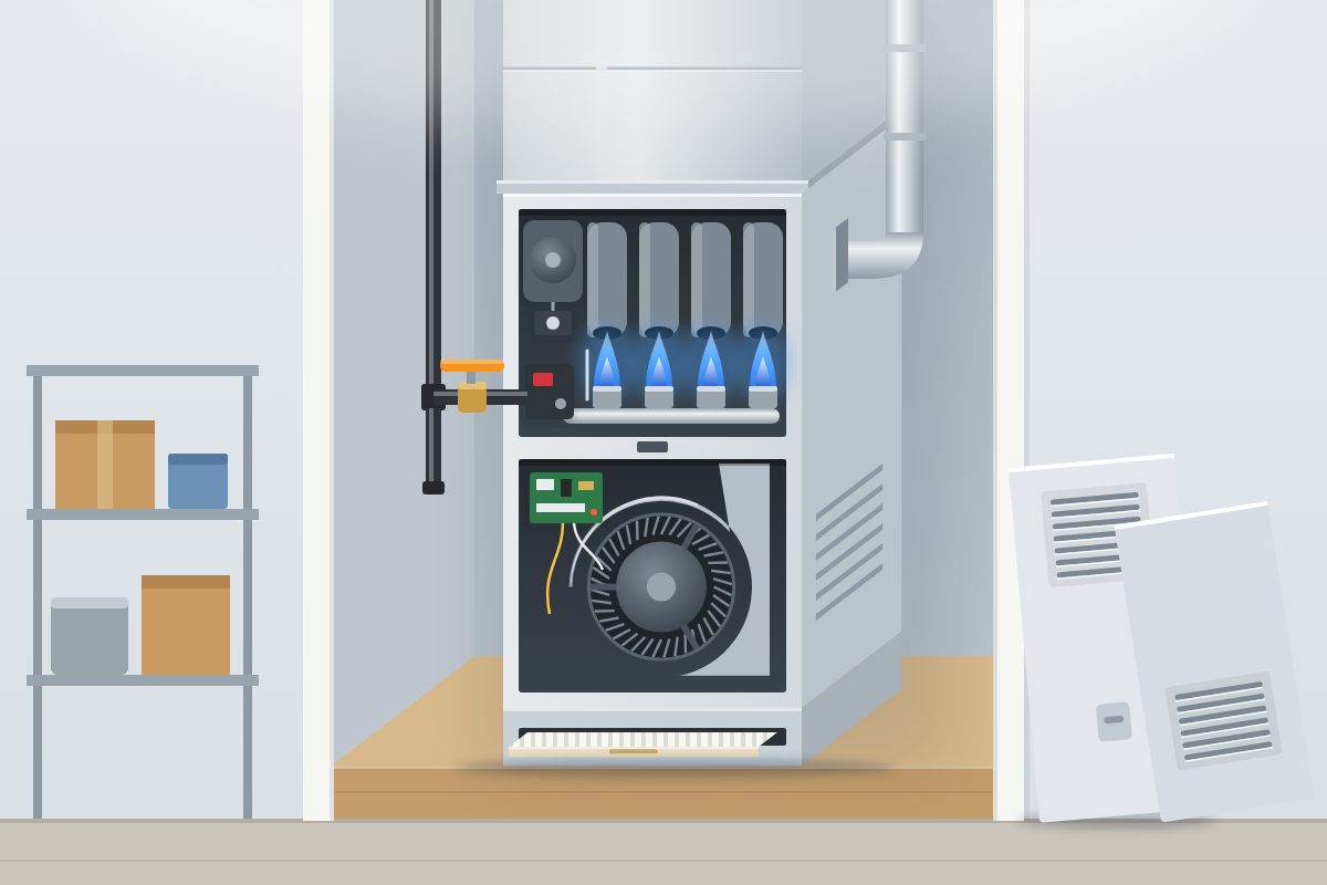 Gas furnace in a garage closet with the burners lit during a furnace repair by HVAC Repair San Diego, CA
